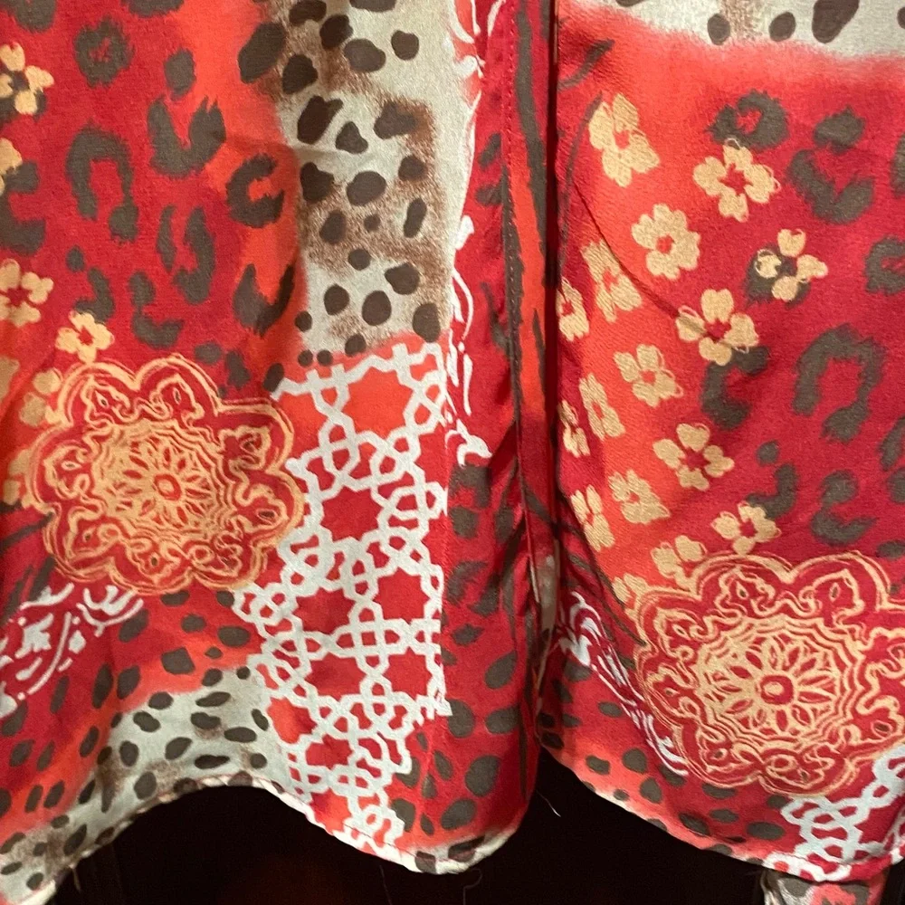 Maggie Barnes Vibrant Red, Cream, brown and Orange Patterned size 32W duster